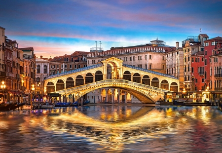 Rialto by Night - reflections, venice, canal, city, houses, italy