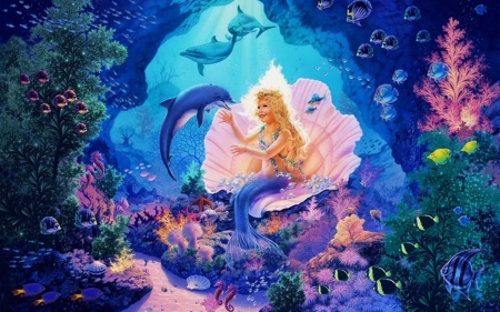 Little Mermaid - art, blue, dolphin, fantasy, fish, girl, luminos, mermaid, pesti, pink, shell, siren, summer, vara, water