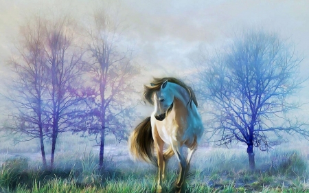Room to Breathe - horse, Winter, painting, Snow, trees, digital art, grass