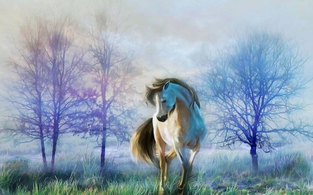 Room to Breathe - trees, Snow, painting, digital art, Winter, grass, horse