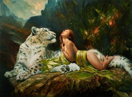 Woman and Snow Leopard - fantasy, leopard, woman, digital, girl, art