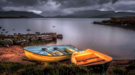 Upcoming Storm - clouds, boats, hills, lake, sky