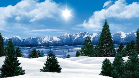 Winter Sun - clouds, mountains, nature, sky, sun, trees, winter