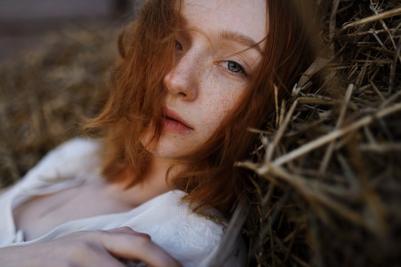 Lonely Hay Stack - cowgirls, stack, hay, ranch, redheads