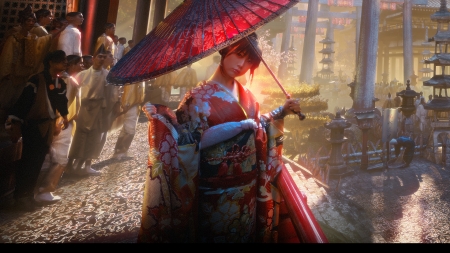 Geisha - umbrella, eisha, frumusete, kimono, christopher schiefer, asian, parasol, girl, geisha, fantasy, red, luminos