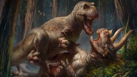 Tyrannosaurus Rex vs Triceratop - Tyrannosaurus Rex, Triceratop, High Resolution, Dinosaur, 4k