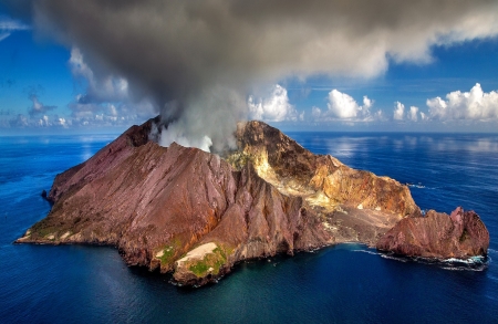 Active volcano N.Z. - sea, force, photography, active, volcano, new zealand, nature, brown-blue, ocean