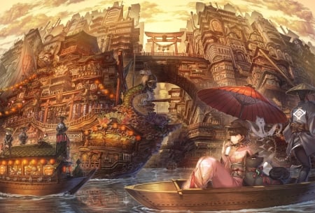 :) - anime, vulpe, water, fox, boat, girl, manga, asano shiki, umbrella, dragon, parasol