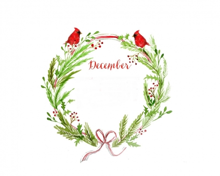 December - bird, craciun, calendar, green, christmas, red, texture, december, card, pasari, wreath, cardinal