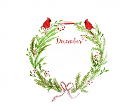 December - bird, cardinal, calendar, christmas, pasari, december, wreath, craciun, red, green, card, texture