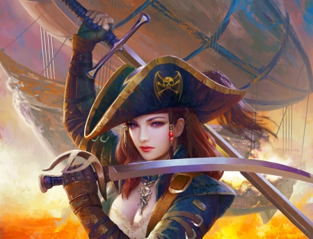 Born into flames - frumusete, sword, pirate, mario wibisono, luminos, girl, hat