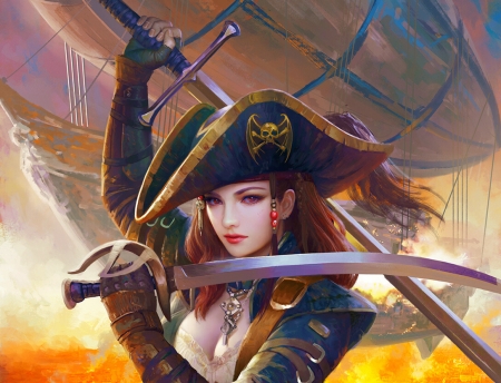 Born into flames - hat, frumusete, pirate, girl, sword, mario wibisono, luminos