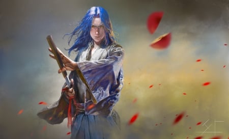 Samurai - blue, sword, petals, man, samurai, fantasy, jsart, red, katana, j s, art, luminos