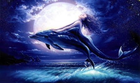 Dance with Dolphins - dolphins, fantasy, mermaid, blue, digital, girl, sea, art