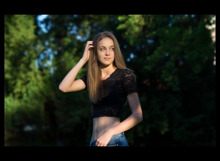 Summer Girl Standing in Shadows - Trees, Beauty, Black Top, Blue Jeans