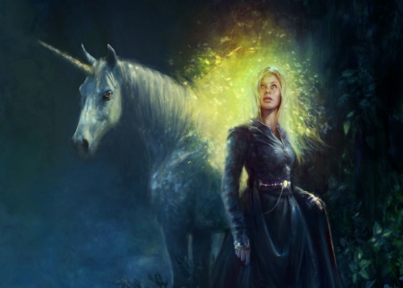 Stardust - fantasy, white, yellow, blue, girl, unicorn, luminos, dagmara matuszak