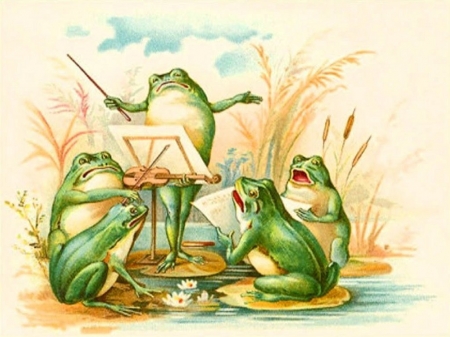 Frog Choir - white, frogs, green, yellow, pond