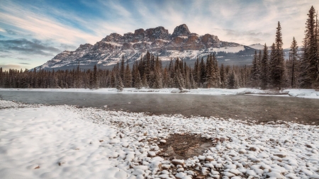 Winter Escape - trees, water, snow, Winter, forest, mountains, rocks