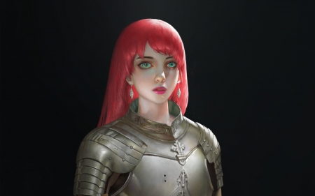 Warrior girl - black, frumusete, art, girl, armor, shuhang li, fantasy, luminos, redhead, warrior