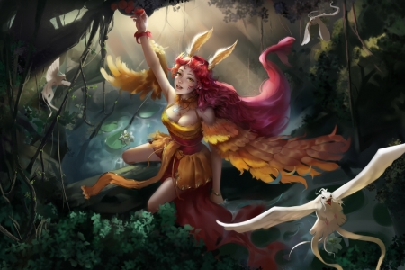 Plumage - art, bird, chong cui, fantasy, feather, forest, frumusete, girl, luminos, pasari, white, winga, yellow