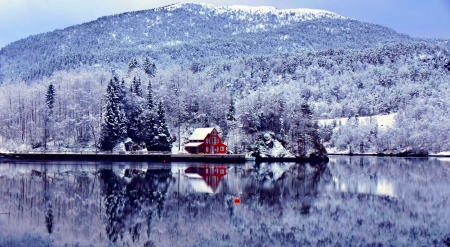 Lake house - winter, nature, landscape, scene, lake, mountains, reflection, wallpaper