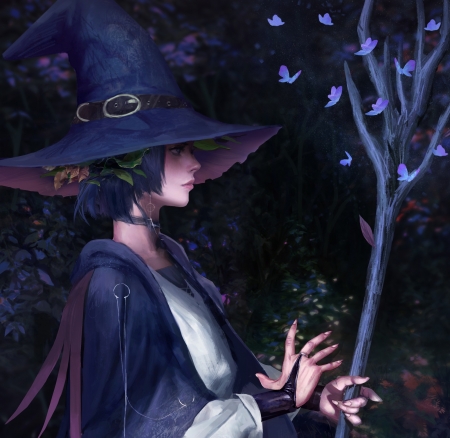 Minerva Ashbrow - blue, sloth being witch, minerva ashbrow, girl, dark, witch, fantasy, luminos, hat