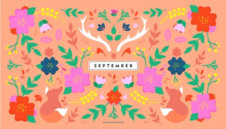 September - calendar, fox, pattern, orange, haley fischer, autumn, green, leaf, texture, paper, september