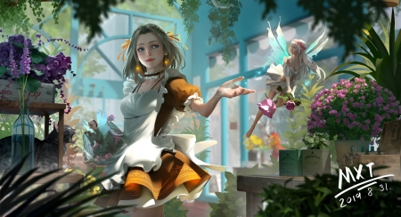 Girl in greenhouse - art, fairy, fantasy, frumusete, girl, greenhouse, luminos, ying lee