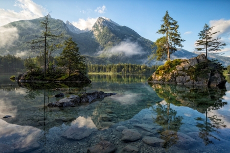 Mountain Scene - trees, nature, mountains, reflection, lakes