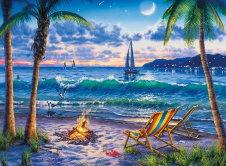 Afternnon Sail - relaxation, blue, beach, boat, chairs, ocean, sail, fire, waves, waters