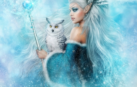 Snow Owl Fantasy - owl, fantasy, woman, snow, teal, arts