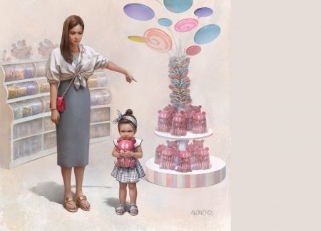 Put it back! - girl, copil, child, frumusete, fantasy, cute, lolippop, mother, little, alon chou, luminos, shop, candy