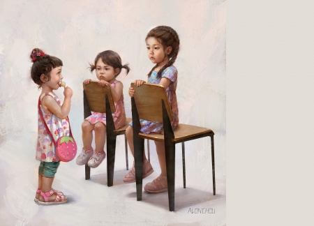 There are three of us - girl, children, pink, copil, three, fantasy, lollipop, alon chou, trio, art, luminos, candy