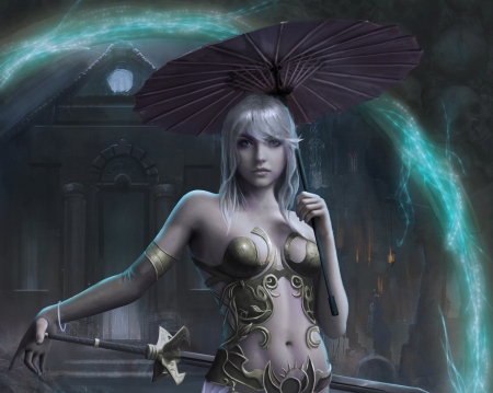 Demon portal - umbrella, blue, frumusete, art, parasol, connor magill, girl, dark, portal, fantasy, luminos