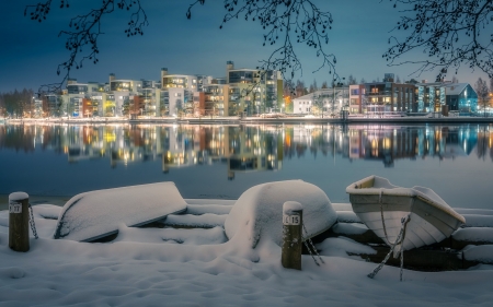 Winter in Finland - Finland, calm, boats, river, lights, snow, houses, reflection