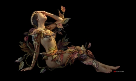 Art on a Woman’s Body - alluring, sexy, Leaves, Body art, Seductive, Woman, beautiful, artistic, artwork, lady, paint, sensual