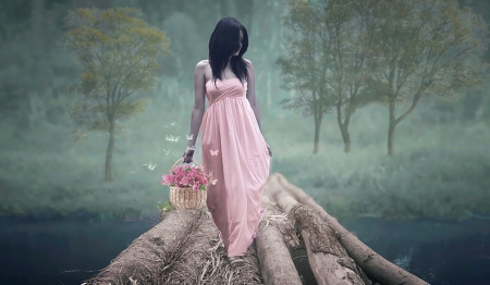 Gathering Spring Flowers - Gown, Woman, femininity, spring, Basket of flowers, Beauty, lady, brunette, bridge, softness