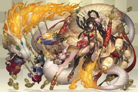 He Xian Gu ~ Lantern festival - hand fan, anime, yellow, girl, festival, 9 09, lantern, frumusete, manga, white, umbrella, evantai, dragon, parasol, tower of saviors