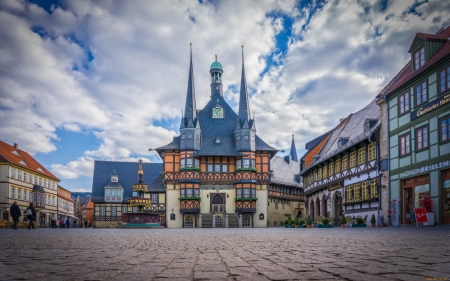 Wernigorode, Germany - clouds, square, germany, town, houses