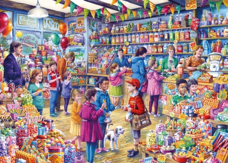 The Old Sweet Shop - pictura, painting, dog, caine, children, the old sweet shop, art, pink