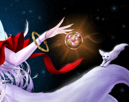 :) - detail, vulpe, fox, girl, kumiho, tail, fantasy, white, hand, red, cute, muel kim, luminos