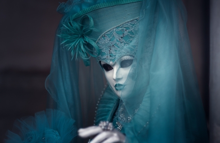 Venice Carnival - blue, white, mask, girl, venice carnival