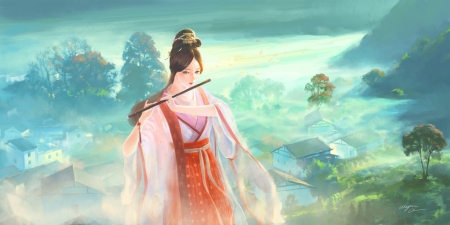 Flute singer - flute, frumusete, asian, art, wayne chan, girl, singer, orange, instrument, fantasy, green, luminos