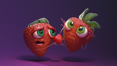 My Berry Heart - capsuni, card, couple, eyes, fantasy, funny, green, heart, jose limon, luminos, purple, red, strawberry, valentine