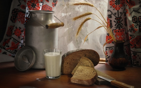 Milk and Bread - wooden, milk, still life, window, can, bread, curtain, spikes