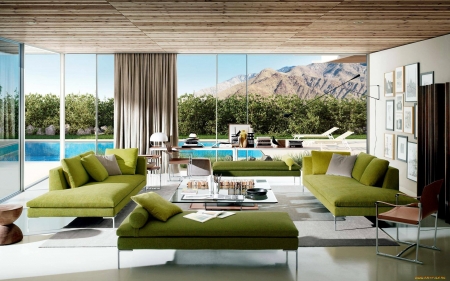 Living Room by Pool - window, furniture, view, living room, interior