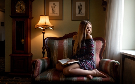 Girl with Book - book, girl, clock, lamp, interior