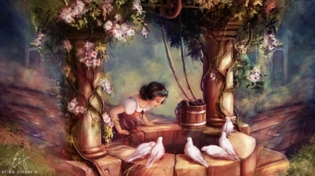 The Wishing Well - bird, dove, girl, fantays, erika zinser s, wishing well, painting, snow white, disney, art