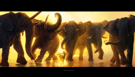 Sun and Moon - golden, art, dancer, fanny marguerie, girl, fantasy, moon, elephant, luna, luminos, sun