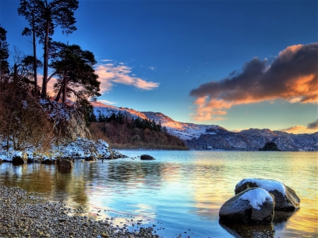 lake in winter - lake, trees, stones, sky